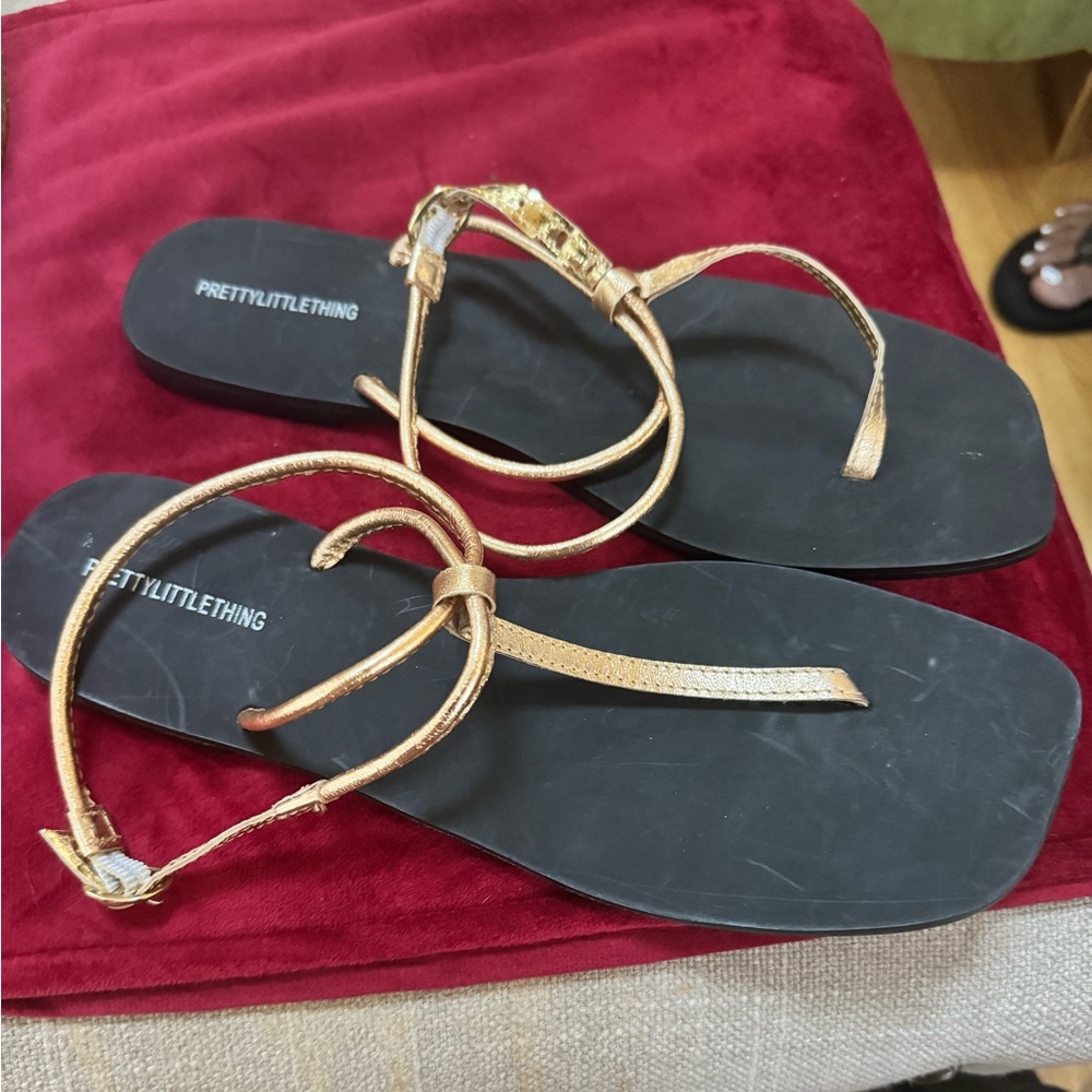 PRETTYLITTLETHING Gold Strappy Flat Sandals